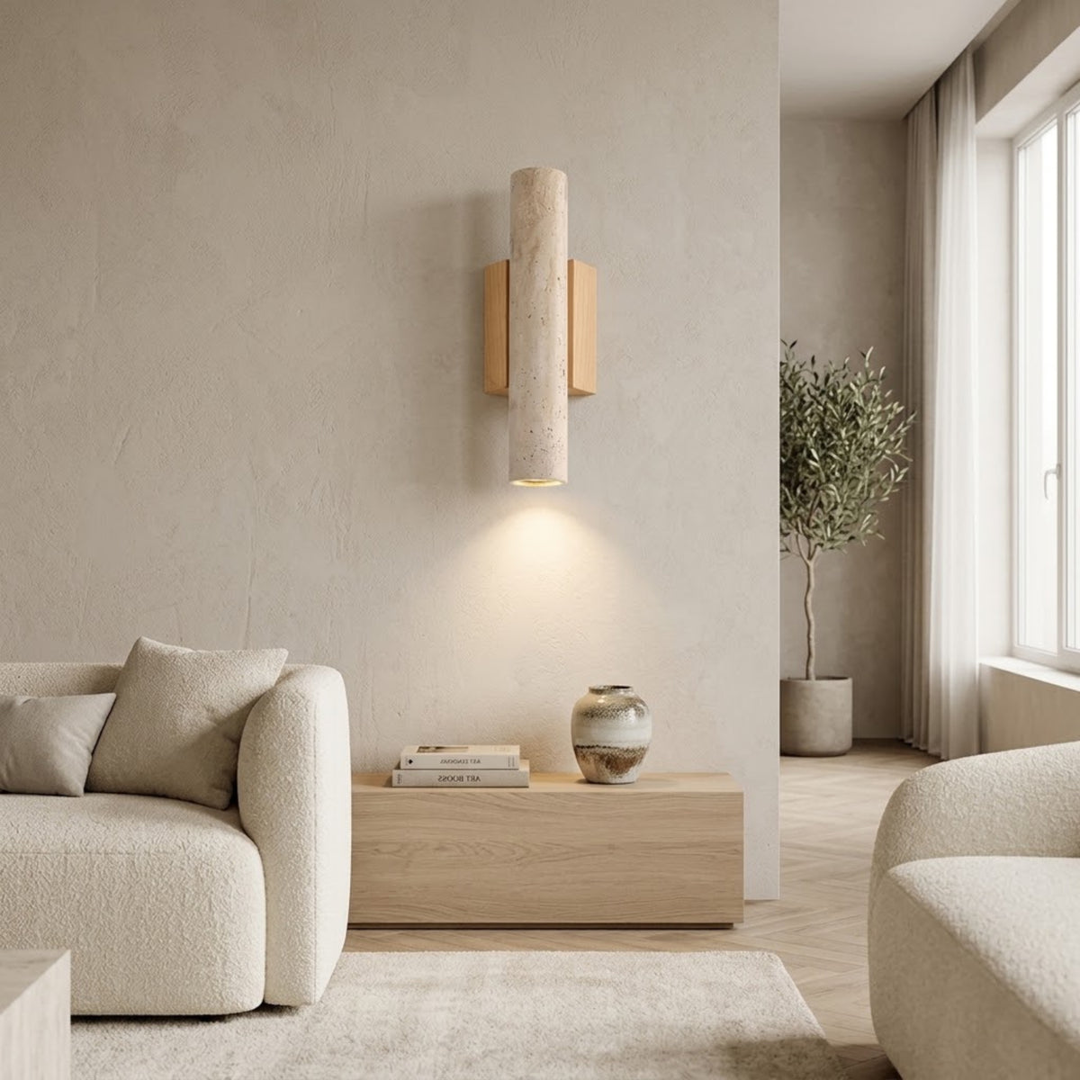 Applique Murale Osaka - Moderne | Pierre naturel & Bois Cylindre