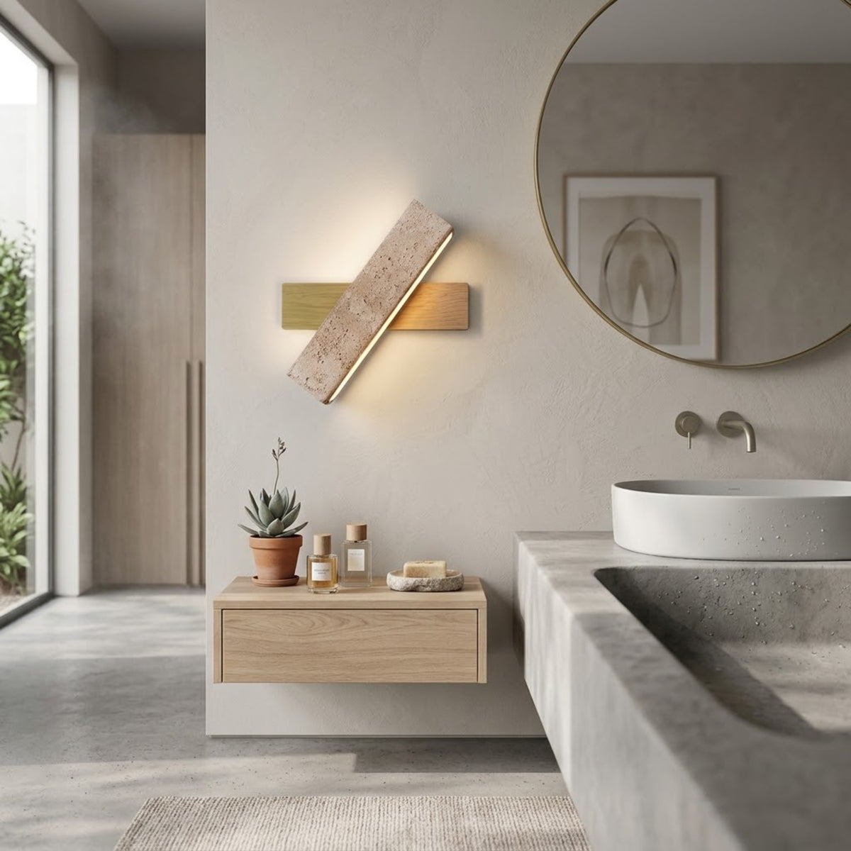 Applique Murale design Kyoto - Travertin & Bois Noyer naturel