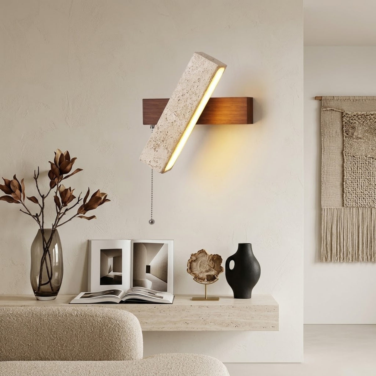 Applique Murale design Kyoto - Travertin & Bois Noyer naturel